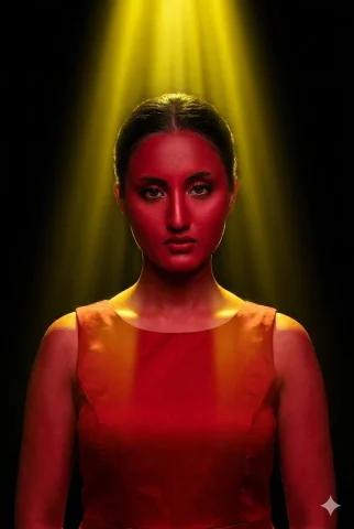 A woman in crimson red stares intensely under a yellow spotlight — Nano Banana 2 AI Prompt: A striking studio portrait of a woman looking directly forward with a serious, i...