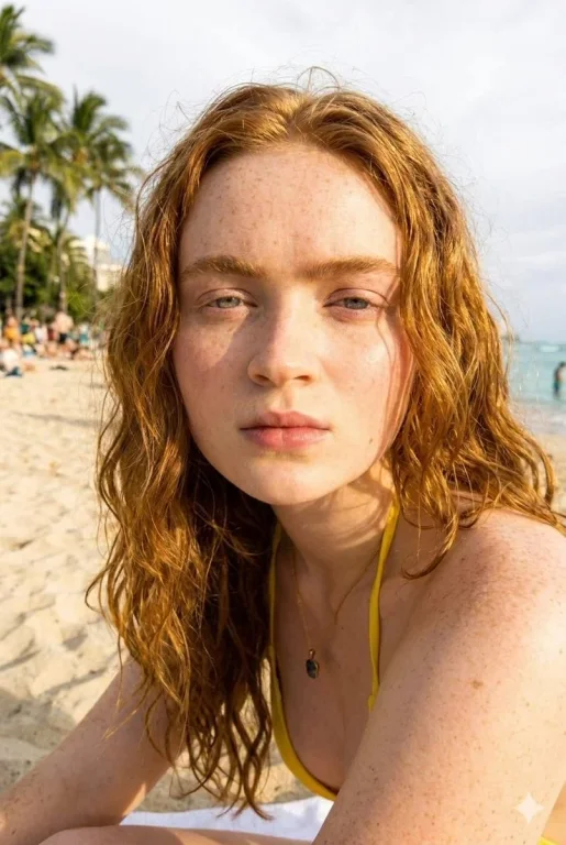Young woman with copper hair smiles on yellow towel under sunny tropical sky