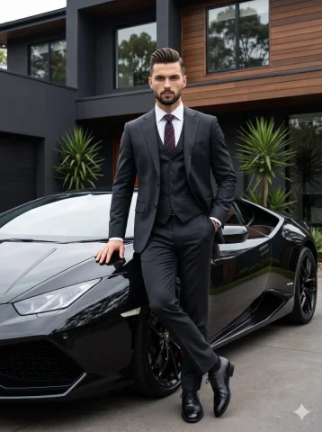Confident man in dark suit leans on a black Lamborghini — Nano Banana 2 AI Prompt: A well-groomed adult male stands confidently as the central focal point, wearing...