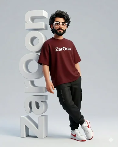 A stylish man in white glasses leans against ZarOon letters — Nano Banana 2 AI Prompt: Ultra-realistic fashion editorial portrait of a 3d cute pixar style stylish man...