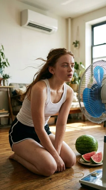 Exhausted woman kneels by fan seeking relief from summer heat
