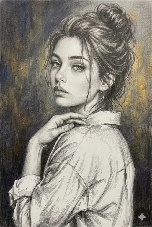 Young woman looks over shoulder with serene expression in graphite