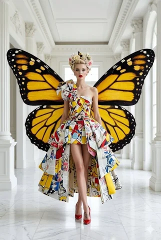 A model poses in a pop art dress with monarch butterfly wings — Nano Banana 2 AI Prompt: Avant-garde high-fashion photography of a female model in an editorial pose. She...