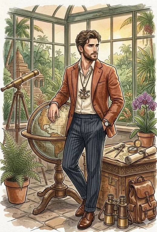 A handsome explorer stands in a vintage conservatory