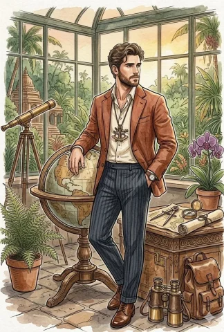 A handsome explorer stands in a vintage conservatory — Nano Banana 2 AI Prompt: A detailed watercolor and ink comic book illustration of a handsome man with sty...