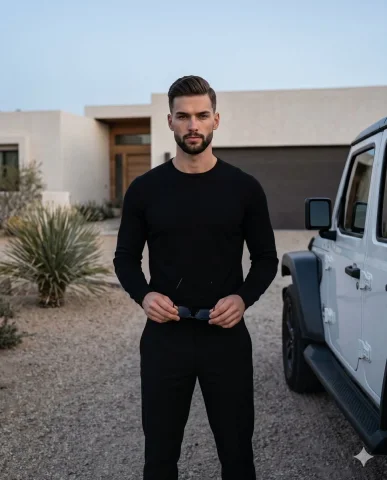 A confident man in black holds sunglasses by a white Jeep Wrangler — Nano Banana 2 AI Prompt: An adult athletic male with a short haircut and light stubble stands centered an...