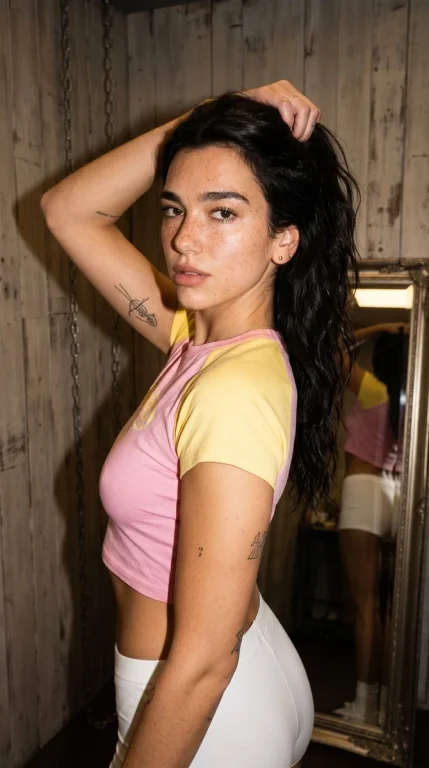 Woman with freckles poses in mirror selfie with pink crop top.