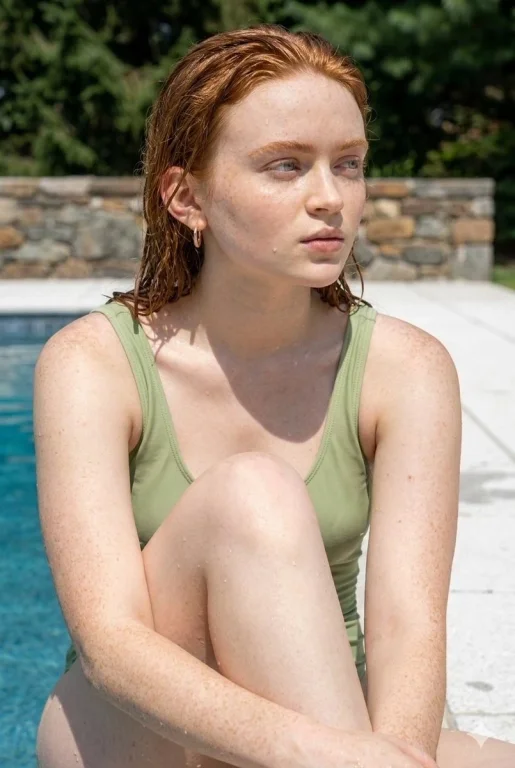 Copper-haired woman relaxes by pool in sage green swimsuit