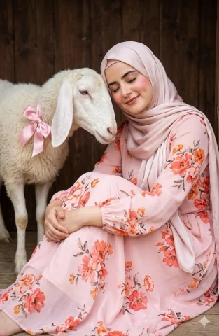 Young woman in floral dress rests beside a fluffy sheep with a pink bow. — Nano Banana 2 AI Prompt: Convert the uploaded image into A soft aesthetic portrait of a young woman sitti...