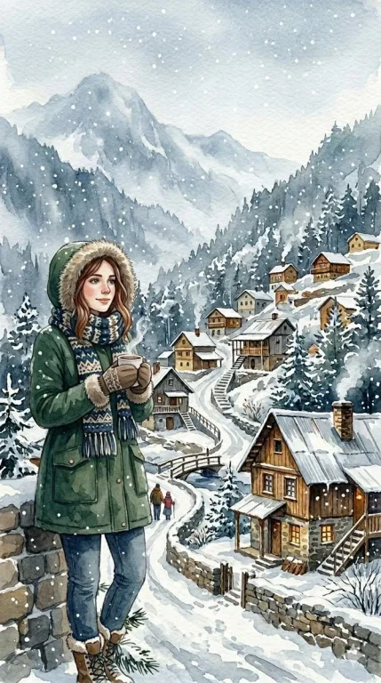 Woman in green parka savors hot cocoa in snowy alpine village