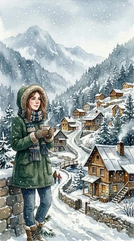 Woman in green parka savors hot cocoa in snowy alpine village — Nano Banana 2 AI Prompt: A vertical watercolor wash illustration capturing a cozy, snow-draped hill stati...