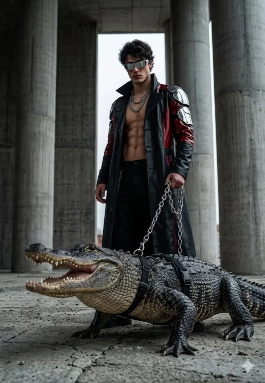 A muscular man in a black leather coat stands beside a huge alligator