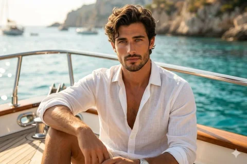 Confident Mediterranean man with green eyes aboard a luxury yacht — Nano Banana 2 AI Prompt: - A high-quality, cinematic medium shot of a handsome 30-year-old Mediterranean...