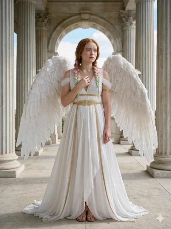 Angelic figure sits on marble floor with pastel braids and wings