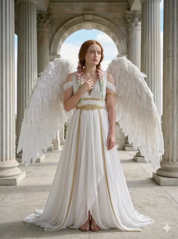 Angelic figure sits on marble floor with pastel braids and wings — Nano Banana 2 AI Prompt: { "type": "image_prompt", "description": { "subject": {...