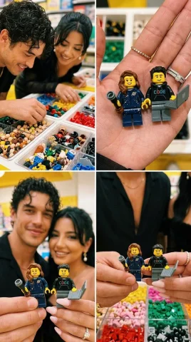 A couple selects custom minifigures in a colorful LEGO store — Nano Banana 2 AI Prompt: Ultra-photorealistic 2x2 square candid couple selfie collage inside a colorful L...
