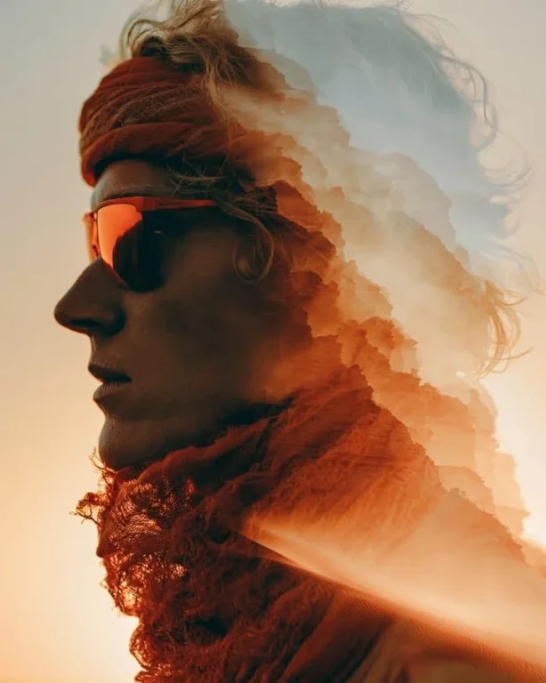 A desert wanderer's soul merges with golden sand dunes at sunset.