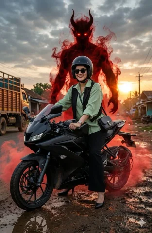 Confident girl sits on black bike with red demon shadow looming — Nano Banana 2 AI Prompt: Ultra-realistic cinematic wide-angle front view of a confident girl sitting on a...