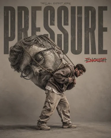 Young man carries cracked stone face under studio lights — Nano Banana 2 AI Prompt: Ultra-realistic conceptual portrait of a young man carrying a massive realistic...