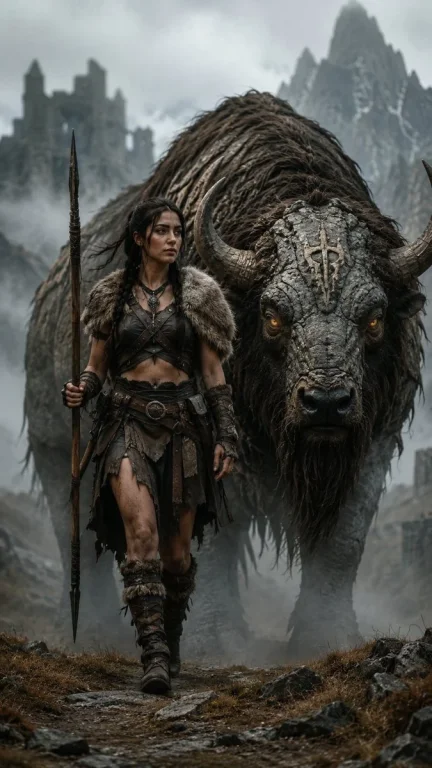A lone huntress and her stone-skinned beast traverse misty ruins.
