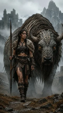 A lone huntress and her stone-skinned beast traverse misty ruins. — Nano Banana 2 AI Prompt: Ultra-realistic epic fantasy film still, 9:16 vertical composition, low-angle fu...