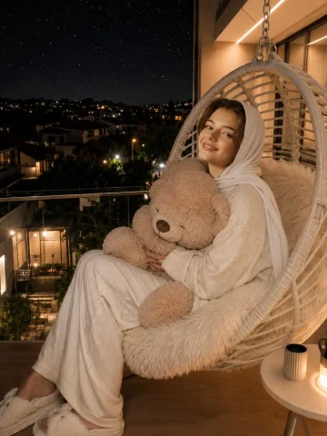 Young Muslim woman in white hijab hugs teddy bear on balcony — Nano Banana 2 AI Prompt: “Cozy nighttime balcony portrait of a young Muslim woman wearing a soft white hi...
