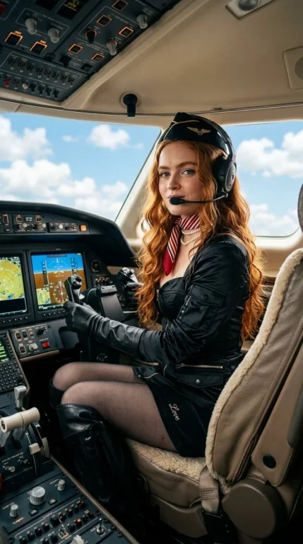 Red-haired pilot in black corset top commands luxury jet cockpit