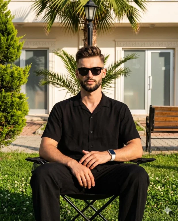 Young man in black ensemble sits confidently by resort streetlamp
