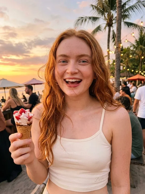 Red-haired woman enjoys strawberry gelato at sunset beach bar