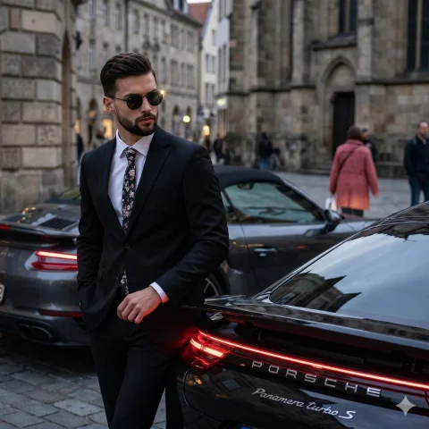 Confident man in black suit leans on glossy Porsche at dusk — Nano Banana 2 AI Prompt: A young, well-groomed man in a fitted matte black suit, crisp white shirt, and f...