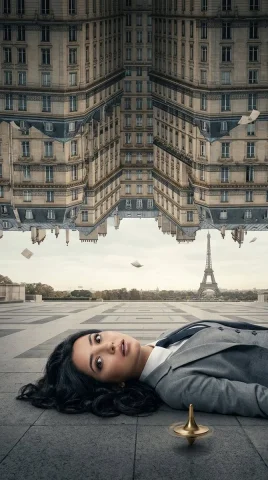 A woman lies on Paris plaza as the city folds down from above — Nano Banana 2 AI Prompt: Ultra-photorealistic cinematic surreal poster, vertical 4:5, premium blockbuster...