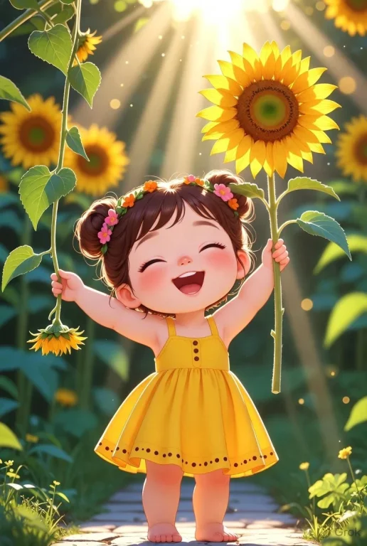 Chibi girl in yellow dress raises sunflower under golden sunlight