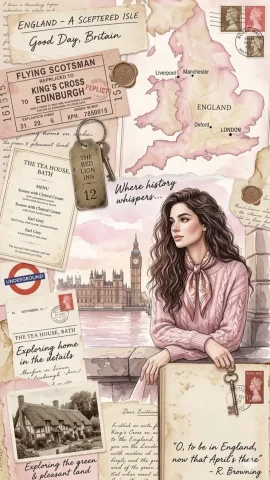 A woman in pink gazes at Big Ben in watercolor England — Nano Banana 2 AI Prompt: A vintage-inspired digital scrapbook collage celebrating a journey through Engla...