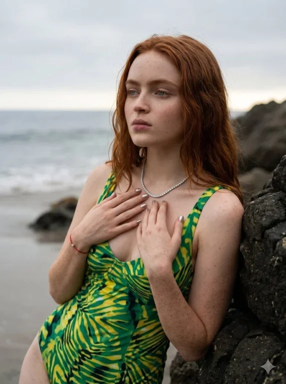 Auburn-haired woman rests on overcast beach in green swimwear