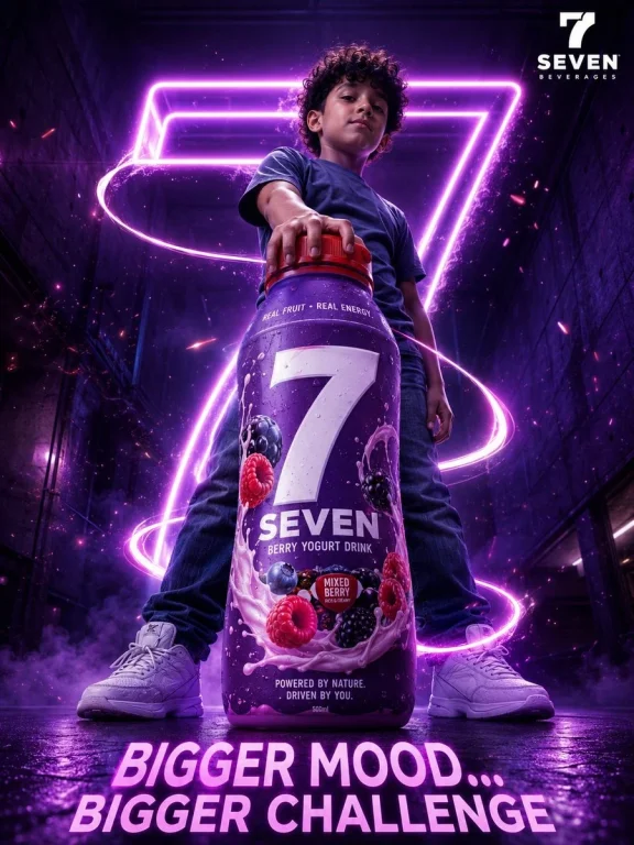 Curly-haired boy stands heroically behind giant berry yogurt bottle