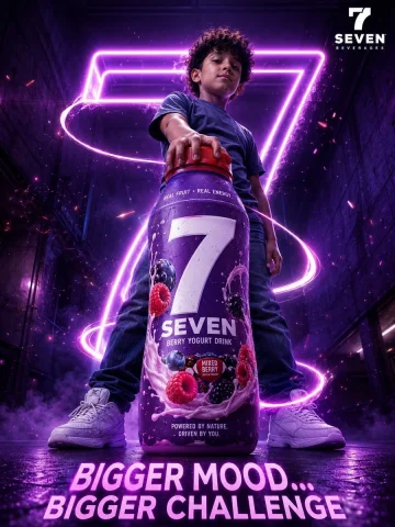 Curly-haired boy stands heroically behind giant berry yogurt bottle — Nano Banana 2 AI Prompt: A hyper-realistic cinematic advertising poster featuring a young curly-haired bo...