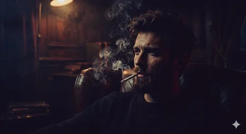 A bearded man sits in shadows under a single warm spotlight. — Nano Banana 2 AI Prompt: Ultra-hyperrealistic ultra-cinematic low-light noir portrait photography of a my...