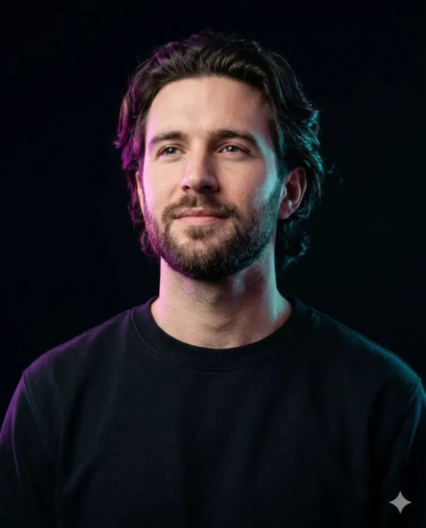A man in black crew-neck faces camera with confident calm