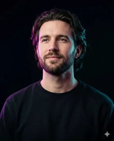 A man in black crew-neck faces camera with confident calm — Nano Banana 2 AI Prompt: Create a cinematic, ultra-realistic studio upper-body portrait of any man, prese...