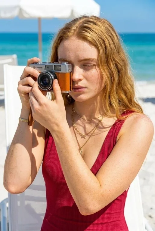 A platinum blonde lounges on white sand in crimson swimwear