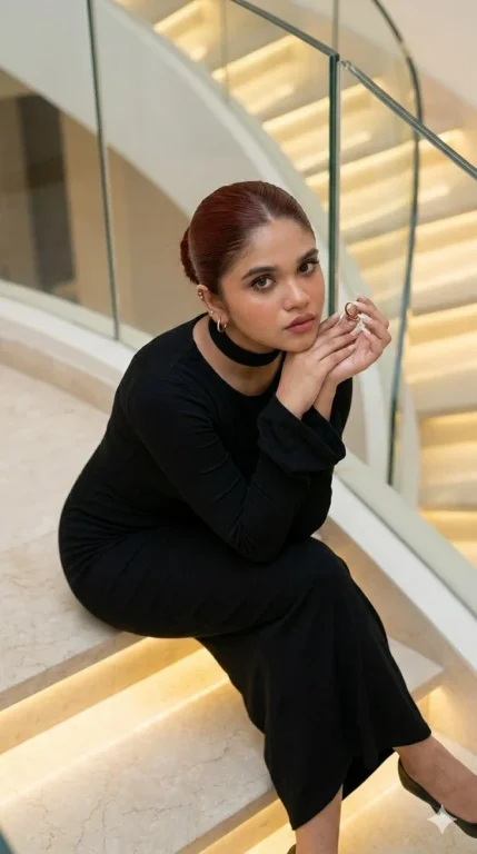 A woman leans on a staircase railing in a black dress