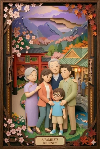 A family's paper-cut journey spans day and night in Japan. — Nano Banana 2 AI Prompt: This scene is a meticulously crafted, multi-layered paper-cut diorama presented...