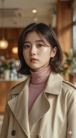 Young woman in beige trench coat gazes calmly into camera — Nano Banana 2 AI Prompt: Create a picture A cinematic, photorealistic medium close-up portrait of a youn...