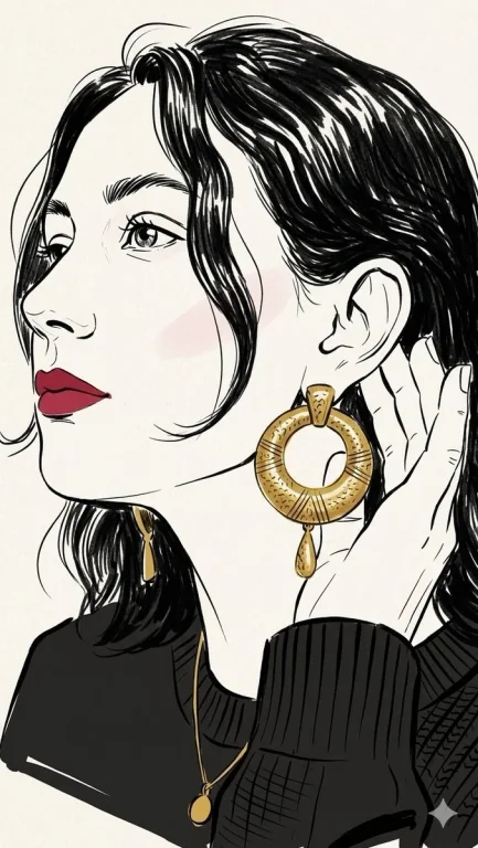 A woman in profile touches her earring in minimalist line art
