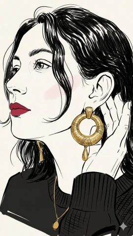 A woman in profile touches her earring in minimalist line art — Nano Banana 2 AI Prompt: A side-profile illustration inspired by a black-and-white photograph of a woman...