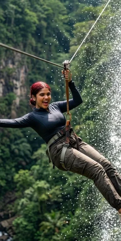 Woman ziplines over a tropical canyon with waterfall and mist
