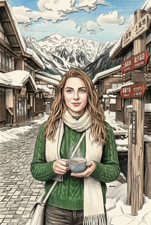 Woman in forest green sweater holds tea in snowy Japanese village