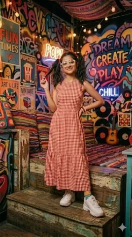 Young woman in pigtails enjoys popcorn in vibrant retro room — Nano Banana 2 AI Prompt: A cheerful young woman, with her dark hair in two high pigtails accented by red...