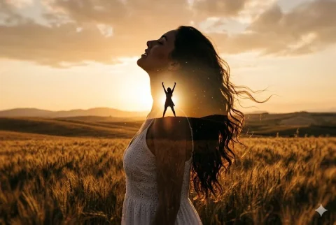 A giant woman in a wheat field celebrates with her tiny silhouette at sunset. — Nano Banana 2 AI Prompt: A cinematic surreal double-exposure photograph at golden hour sunset, vast golde...