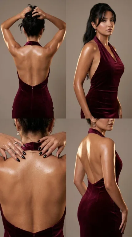 Woman in burgundy dress poses backlit with wet glossy skin